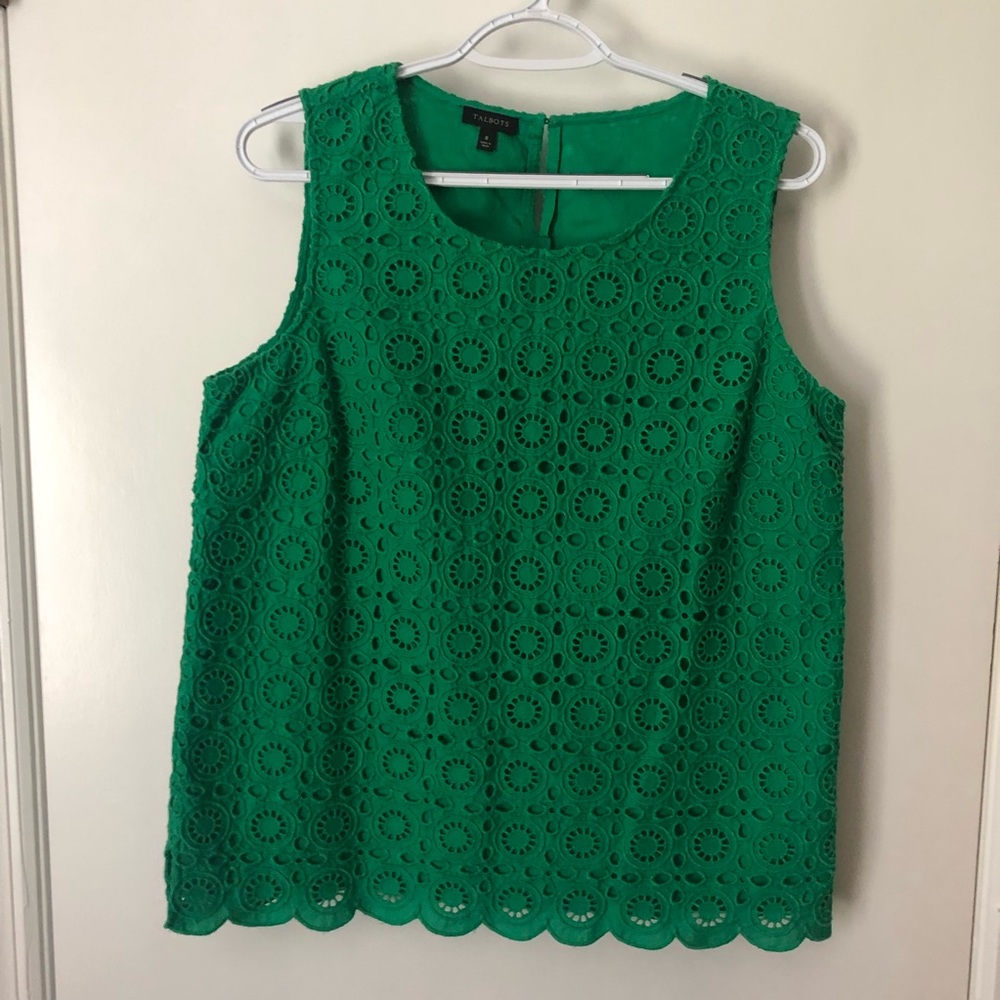 Talbots Womens Green Eyelet Sleeveless 100% Cotton Top Size 8